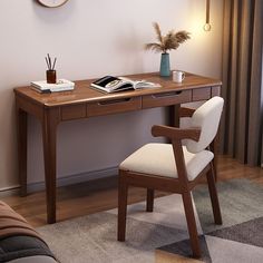 a wooden desk with a chair and clock on the wall next to it in a living room