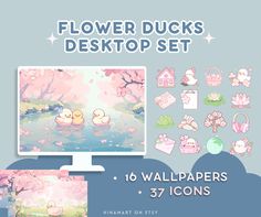 the flower ducks desktop set includes wallpapers, stickers, and icon sets