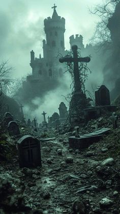 an old cemetery with tombstones and crosses in the foreground, on a foggy day