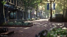 an empty city street with benches and trees