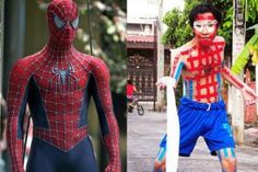 two pictures of people in costumes and one is wearing a spider man mask, the other has a skateboard