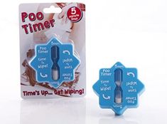 two pieces of blue plastic with the words poo timer and time's up on them