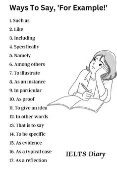 a woman reading a book with the words, ways to say for example