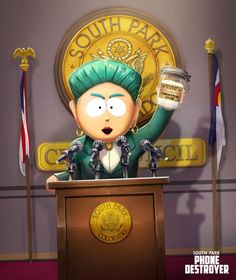 the south park character is holding up a jar of peanut butter in front of a podium