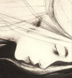 a drawing of a woman's head with long hair and eyes closed, laying down