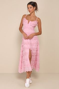 Get ready for endless compliments when you wear the Lulus Delightful Cuteness Pink Lace Ruffled Button-Up Maxi Dress! Lightweight woven fabric boasts eyelet embroidery and lace-adorned tiers as it falls from adjustable spaghetti straps, shaping a bodice with a V-neckline and a high, empire-style waist. Skirt has an A-line silhouette and ends at a maxi hem. Functional loop-button packet secures at front. Fit: This garment fits true to size. Length: Mid-calf length. Size medium measures 54" from a Button Up Maxi Dress, Lulus Dresses, Shop Casual Dresses, Eyelet Embroidery, Dresses Pink, Empire Style, Lulu Dresses, Lace Ruffle, Cup Size