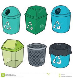 four trash cans with different colors and shapes