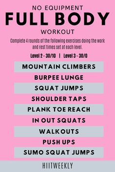 the full body workout plan is shown in pink and blue with black lettering on it