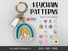 the keychain pattern is shown with several different designs and colors, including a rainbow