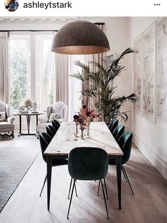 a dining room table with green chairs and a large potted plant in the center