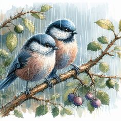 two birds sitting on a branch in the rain with berries and leaves around them,