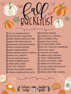 the fall bucket list with pumpkins and other things to do in it on pink background