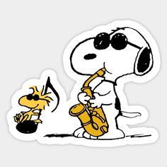 a cartoon character playing the saxophone next to a small dog with sunglasses on it's head