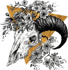 a goat's head with flowers on it and an arrow in the middle, surrounded by daisies