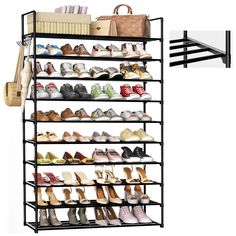 the shoe rack has many pairs of shoes and purses on it's shelves