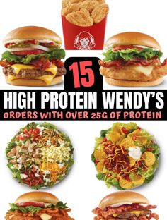 the cover of high protein wendy's is shown with many different types of food