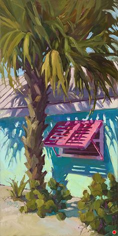 an oil painting of a palm tree next to a blue building with pink roofing