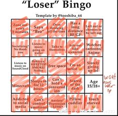 a red and white game board with the words,'loser bingo '