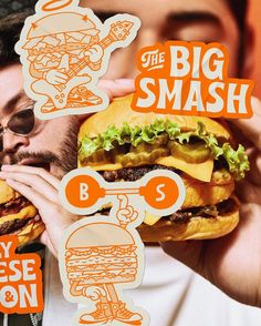 a man holding up a giant hamburger with the words, big smash and 3 different burgers on it