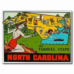 a vintage north carolina state map sticker on a white background with an image of a woman in red bathing suit