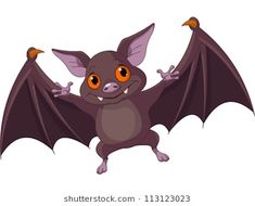 a cartoon bat with big orange eyes and large wings, flying in the air on a white