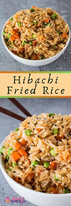 two bowls filled with fried rice and vegetables