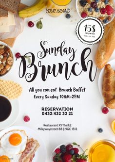 an advertisement for sunday brunch with breakfast foods