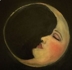 a painting of a woman's face with her eyes closed and the moon behind her