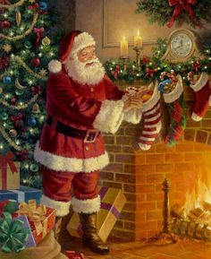 a painting of santa claus by the fireplace with stockings hanging from it's mantle