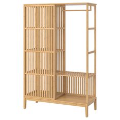 a wooden shelf with two shelves on each side