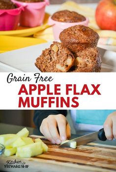 a person cutting apples with a knife and some muffins