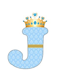 the letter j with a crown on top is shown in blue and has gold trim