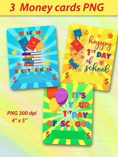 three colorful cards with the words happy birthday and school on them