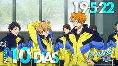 an anime scene with the characters in yellow and blue hoodies standing next to each other