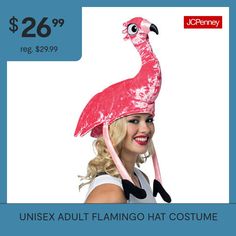 Watch out for this funny bird! Includes: Pink flamingo hat with legs. 100% Polyester. One size fits most adults upto Size LargeBase Material: 100% PolyesterCare: Hand WashCountry of Origin: Made in US Flamingo Hat, Funny Birds, Pink Flamingo, Pink Flamingos, Costume Accessories, Flamingo, Hats, Funny, Pink