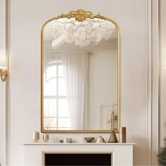 The classic gold mirror has an ornate baroque style border and is the perfect wall decoration giving it a vintage feel. Bedroom Color Palette, Vintage Gold Mirror, Interior Design Classes, Baroque Mirror, Bedroom Colour Palette, Tuscany Villa, Arched Mirror, Personal Image, Gold Bathroom