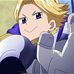 an anime character with blonde hair and blue eyes holding a cell phone to his ear