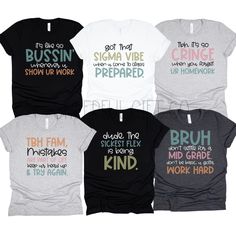 Your students are sure to get a laugh from these Gen Z and Alpha slang back to school teacher shirts! This super comfy tee has just the right amount of stretch, and the unisex cut is flattering for both men and women.    SIZING  Please note that sizes are unisex, so it will fit both men and women.  If you prefer a more snug fit, you may consider sizing down.  A chart is attached to help you choose your correct size.    DETAILS    - Design is printed directly onto garment - no vinyl - Pre-shrunk fabric - Solid colors are 100% combed and ring-spun cotton - Ash color is 99% combed and ring-spun cotton, 1% polyester - Heather colors are 52% combed and ring-spun cotton, 48% polyester - Athletic and Black Heather are 90% combed and ring-spun cotton, 10% polyester  CARE  Machine wash cold with li Funny High School Teacher Shirts, Iss Teacher Shirts, Teacher Team Shirts Teepublic, Sassy Teacher Shirts, College Tops With Funny Text For School Spirit, College Tops With Funny Text And School Spirit, Funny Pre-shrunk Tops For School, Fun School Shirt With Funny Text, Funny Tops For End Of School Year