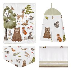 three baby bedding sets with animals and trees on them, including a crib