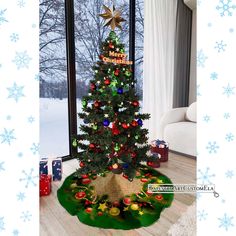 a decorated christmas tree in front of a window