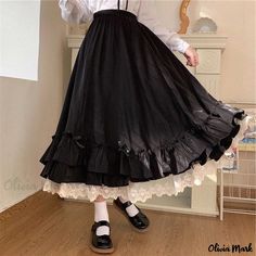 Olivia Mark - High-Waisted Double-Layered Skirt with Lace Trim - A-Line Loose Fit Midi Skirt Layered Ruffle Skirt, Fitted Midi Skirt, White Long Skirt, Fotografi Vintage, Long Skirts For Women, Half Skirt, Extra Long Sleeves, Long Skirts, Black Midi Skirt