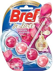 the packaging for bref deluxe is pink and has three balls on top of it