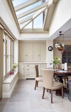 a dining room table and chairs with skylights