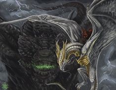 a white dragon with green eyes and lightning in the background