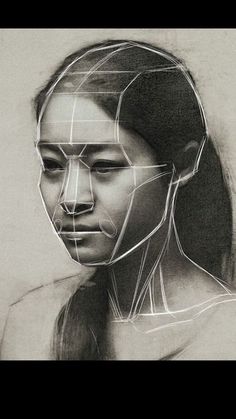 a drawing of a woman's face with lines on it