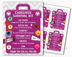 the caregiver survival kit is pink with buttons on it, and has instructions to use