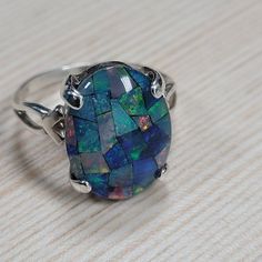 GENUINE Australian Opal Ringmosaic Opal Ringsterling - Etsy Opal Inlay Ring Gift, Gift Opal Inlay Ring, Opal Ring With Inlay Perfect For Gifts, Unique Sterling Silver Opal Inlay Ring, Unique Sterling Silver Opal Ring With Inlay, Unique Opal Ring With Inlay For Gift, Multicolor Opal Ring Gift, Multicolor Opal Round Ring, Multicolor Opal Gemstone Ring