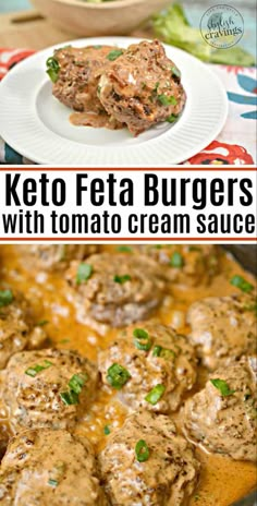 keto feta burgers with tomato cream sauce in a skillet and on a plate