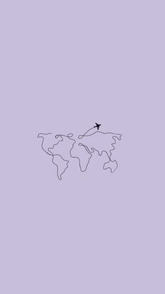 an airplane flying over the world on a lilac background with black lines and dots