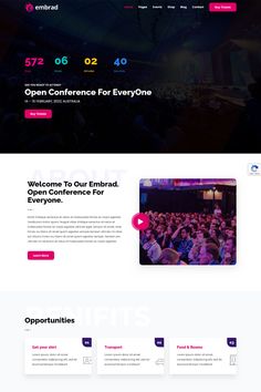 the landing page for an event website, with purple and pink colors on it's side